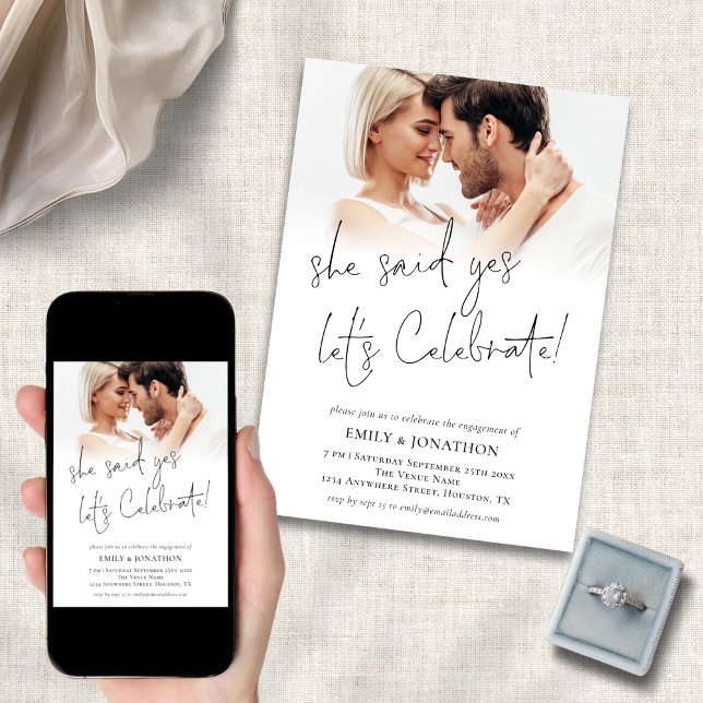 Modern She Said Yes Photo Overlay Engagement Party Invitation (Available digitally and printed)