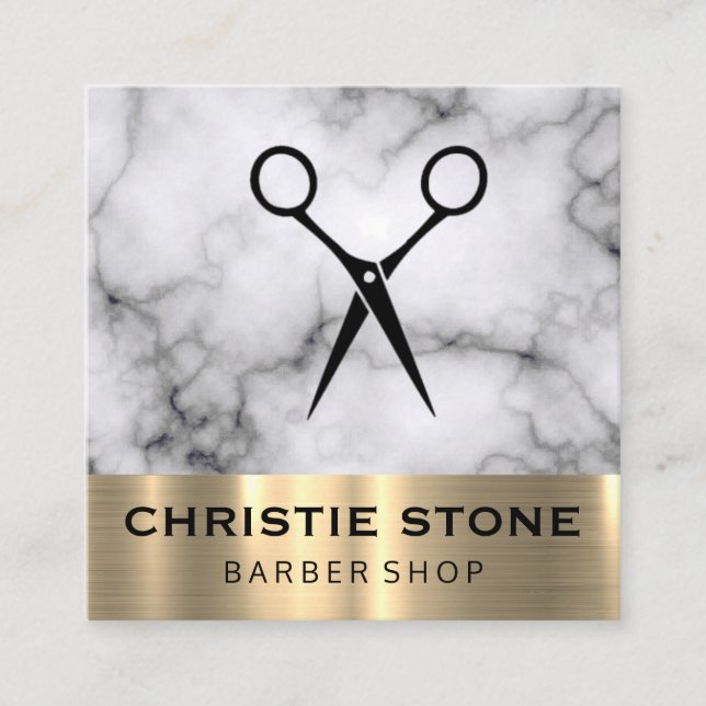 Modern Shears Marble Gold Trim Square Business Card (Front)