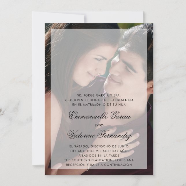 Modern Sheer Overlay Photo Spanish Wedding Invitation (Front)