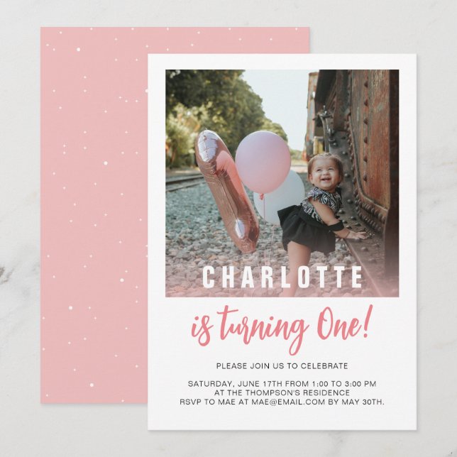 Modern She's Turning One Cute Pink Photo Birthday Invitation (Front/Back)