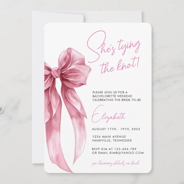 Modern She's Tying the Knot Bow Bachelorette Party Invitation (Front)