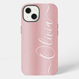 Modern Shimmer Pink Metallic Custom Name iPhone 13 Case