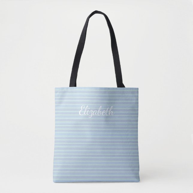 Modern Shimmering Blue Striped Personalised Tote Bag (Front)