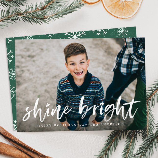 Modern Shine Bright Script Green Photo Holiday Card (Creator Uploaded)
