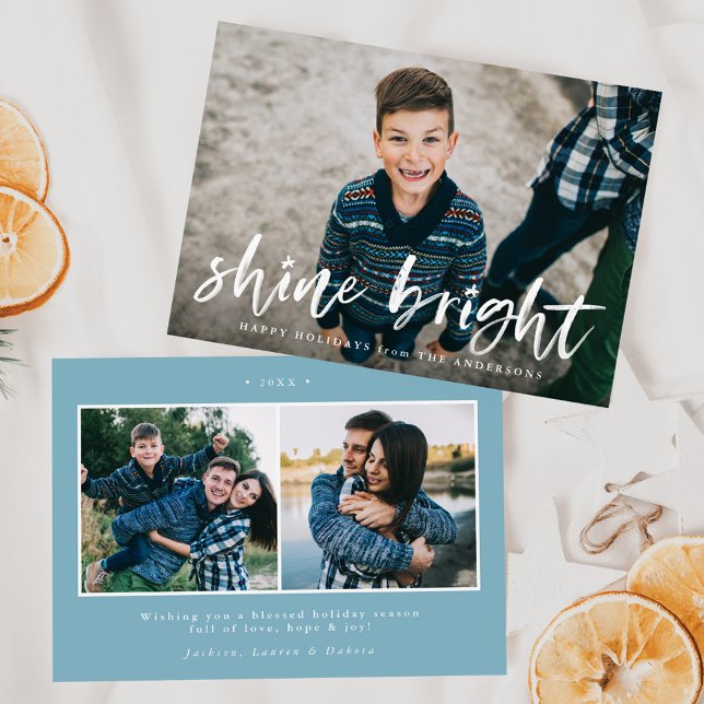 Modern Shine Bright Script Light Blue 3 Photo Holiday Card (Creator Uploaded)
