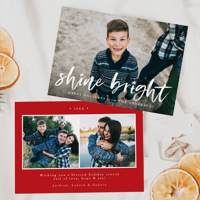Modern Shine Bright Script Red 3 Photo Holiday Card (Creator Uploaded)