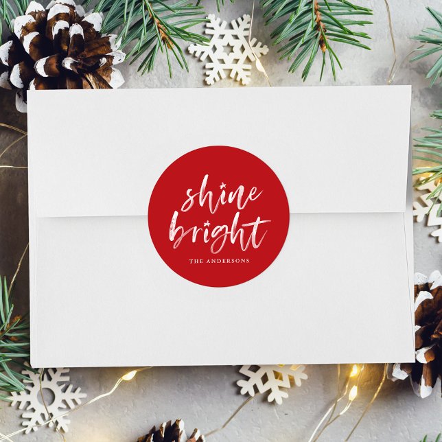 Modern Shine Bright Script Red Holiday Classic Round Sticker (Creator Uploaded)