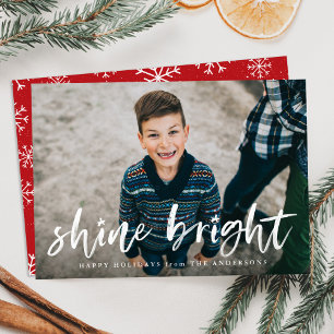 Modern Shine Bright Script Red Photo Holiday Card