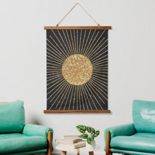 Modern Shining Golden Sun Black Design Hanging Tapestry