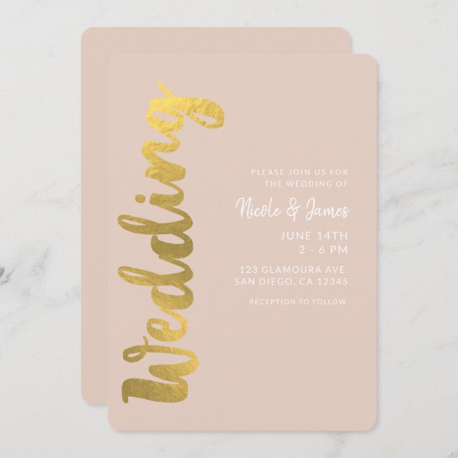 Modern Shiny Faux Gold Foil Beige Glam Wedding Invitation (Front/Back)