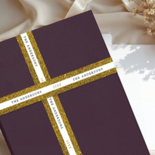 Modern Shiny Gold White Sparkle Glitter Name Typo Satin Ribbon