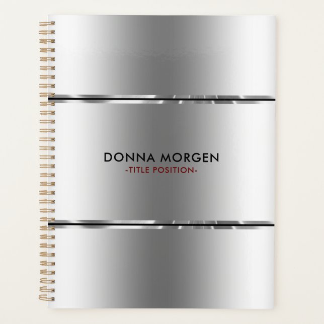 Modern Shiny Silver & Black Stripes Planner (Front)