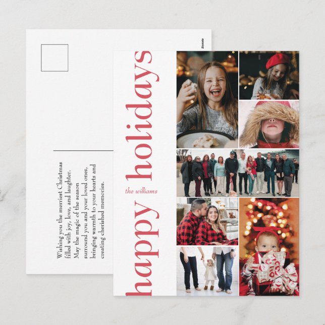 Modern Side Red Type Happy Holidays Multi-Photo Holiday Postcard (Front/Back)