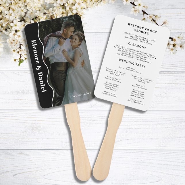Modern Side Wave Black White Photo Wedding Program Hand Fan (Modern Side Wave Black White Photo Wedding Program Hand Fan)