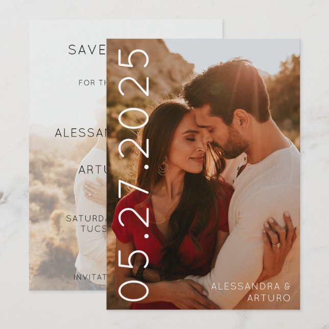 Modern Sideways Date Faux Vellum Back Photo Save The Date (Front/Back)