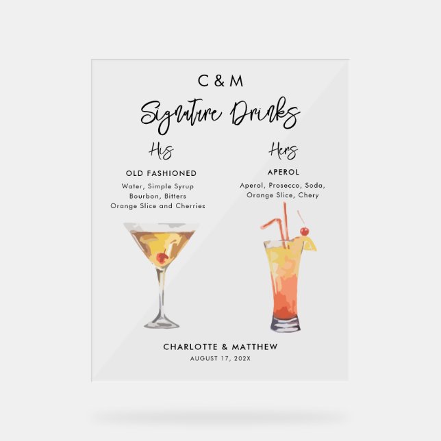 Modern Signature Drinks His and Hers Wedding Acrylic Sign (Front)