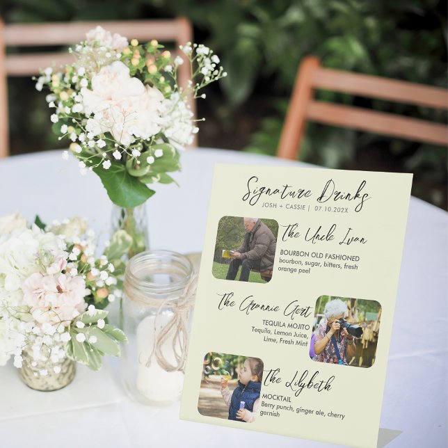 Modern Signature Drinks Three Photo Wedding Pedestal Sign (Creator Uploaded)