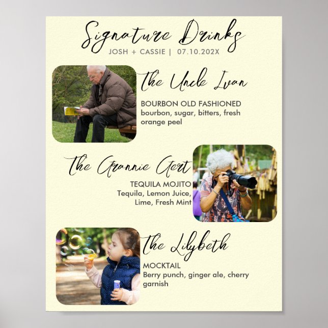Modern Signature Drinks Three Photo Wedding Poster (Front)
