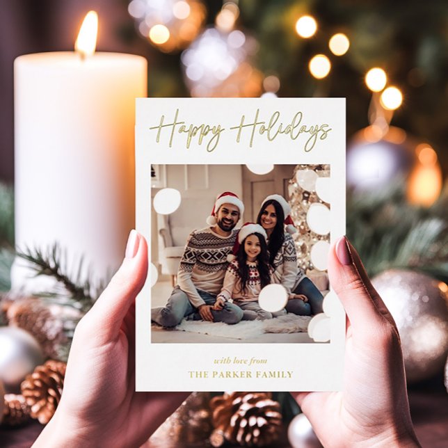 Modern Signature | Gold Foil Script Multi Photo Holiday Card (An elegant holiday card with gold foil script and five of your favorite photos)