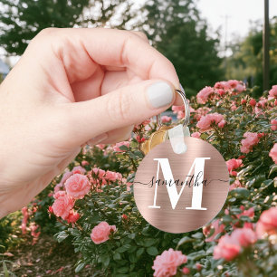 Modern Signature Monogram Rose Gold Foil Photo Key Ring