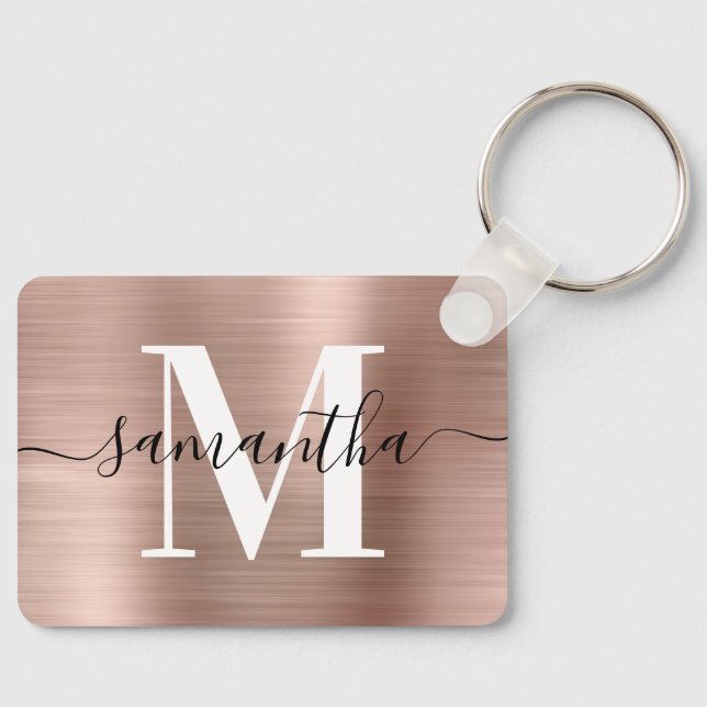Modern Signature Monogram Rose Gold Foil Rectangle Key Ring (Front)