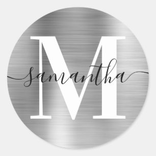 Modern Signature Monogram Silver Foil Classic Round Sticker