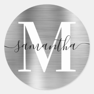 Modern Signature Monogram Silver Foil Classic Round Sticker