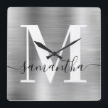 Modern Signature Monogram Silver Foil Square Wall Clock<br><div class="desc">Create your own girly personalised name and monogrammed decorative square wall clock for her. Customise the black and white signature style calligraphy and modern minimalist monogram. The background features a faux shiny silver ombre metallic foil digital art graphic that prints like a photo. Black white and silvery grey gradient contemporary...</div>