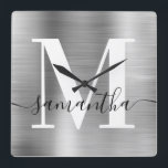 Modern Signature Monogram Silver Foil Square Wall Clock<br><div class="desc">Create your own girly personalised name and monogrammed decorative square wall clock for her. Customise the black and white signature style calligraphy and modern minimalist monogram. The background features a faux shiny silver ombre metallic foil digital art graphic that prints like a photo. Black white and silvery grey gradient contemporary...</div>