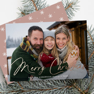 Modern Signature Script Christmas Dusty Rose Photo Foil Holiday Card