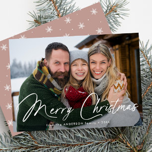 Modern Signature Script Christmas Dusty Rose Photo Holiday Card