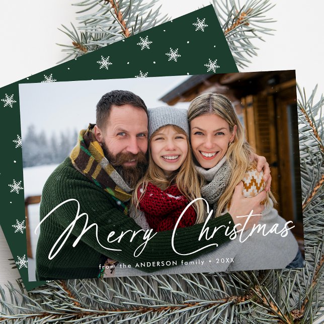 Modern Signature Script Christmas Green Photo Holiday Card (Creator Uploaded)