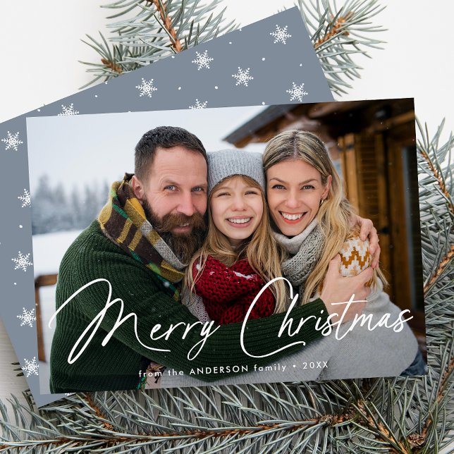 Modern Signature Script Christmas Icy Blue Photo Holiday Card (Creator Uploaded)