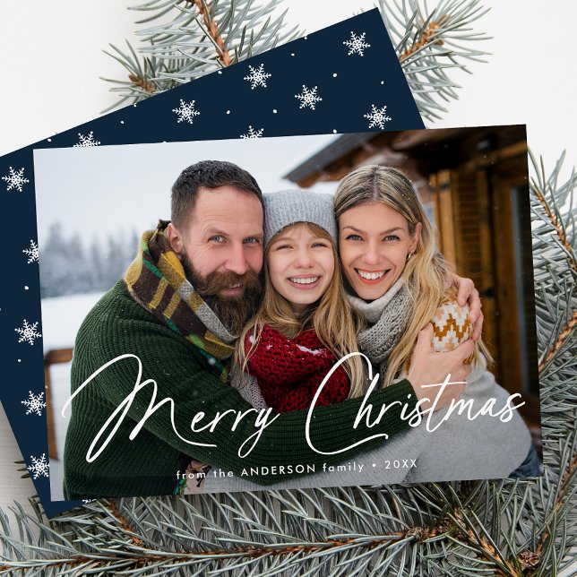 Modern Signature Script Christmas Navy Photo Holiday Card (Creator Uploaded)