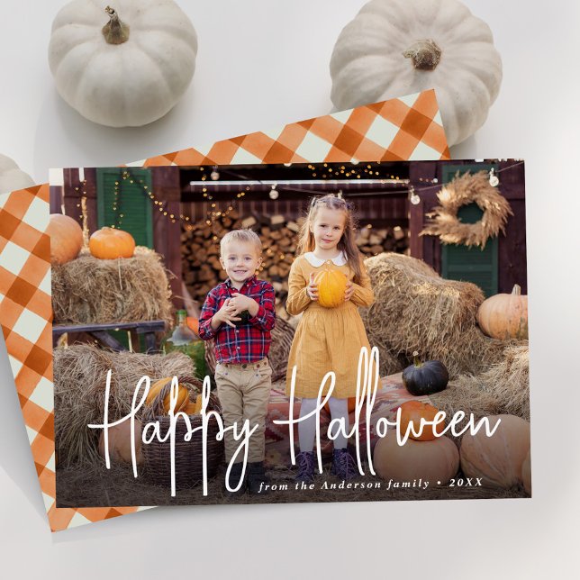 Modern Signature Script Happy Halloween Photo Holiday Card (Creator Uploaded)