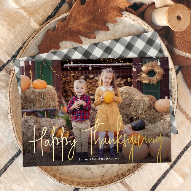 Modern Signature Script Happy Thanksgiving Photo Foil Holiday Card (Creator Uploaded)