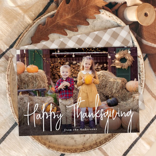 Modern Signature Script Happy Thanksgiving Photo Holiday Card (Creator Uploaded)