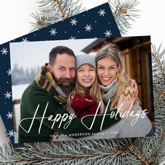 Modern Signature Script Navy Photo Holiday Card (Creator Uploaded)