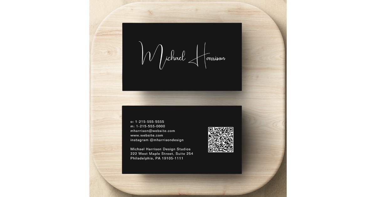 Modern Signature Script QR Code Professional Black Business Card | Zazzle