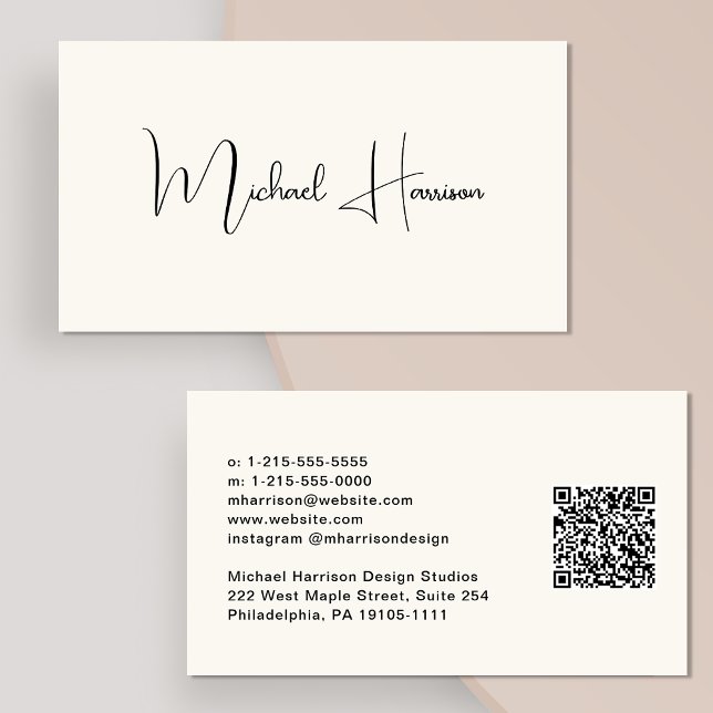 Modern Signature Script QR Code Professional Cream Business Card (Creator Uploaded)