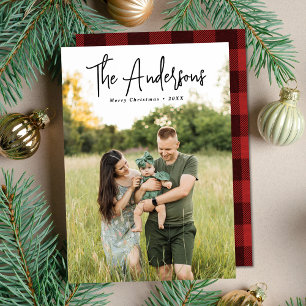 Modern Signature Script Red Plaid Photo Holiday Card