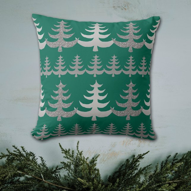 Modern Silhouette Silver Christmas Tree on Green Cushion (Creator Uploaded)