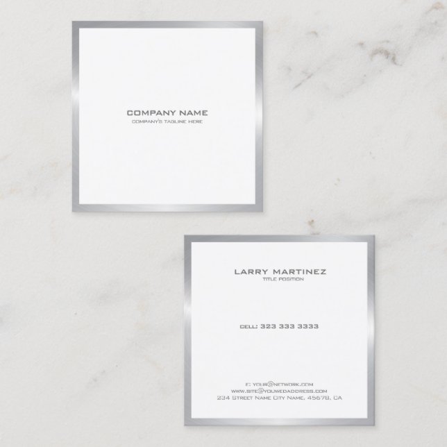 Modern silv border on white square business card (Front/Back)