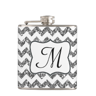 Modern Silv Glitter Chevron Monogram Whiskey Flask