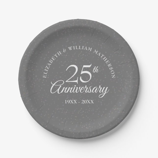 Modern Silver 25th Wedding Anniversary Confetti Paper Plate (Front)