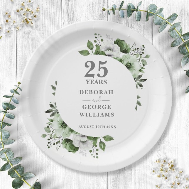 Modern Silver 25th Wedding Anniversary Greenery  Paper Plate (Modern Silver 25th Wedding Anniversary Greenery Paper Plates)