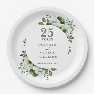 Modern Silver 25th Wedding Anniversary Greenery  Paper Plate