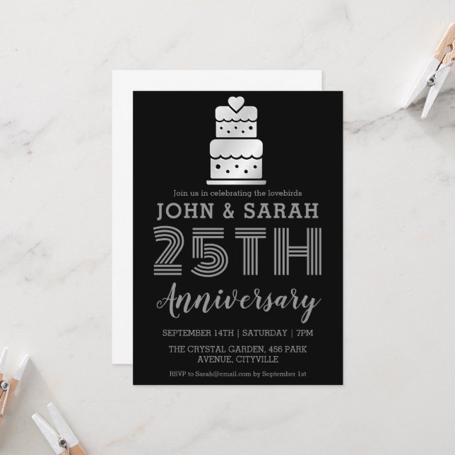 modern silver 25th wedding anniversary invitations (Front/Back In Situ)