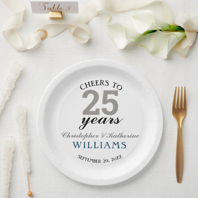 Modern Silver 25th Wedding Anniversary Paper Plate (Wedding)