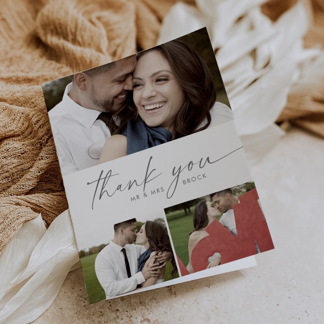 Modern Silver 3 Photo Collage Folded Wedding Thank You Card (Creator Uploaded)